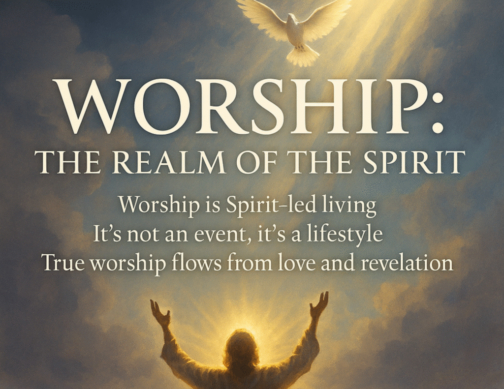 A silhouette worshipping as Jesus stands with raised hands, with light shining from the sky and the words “Worship: Worship is Spirit-led living, not an event.”