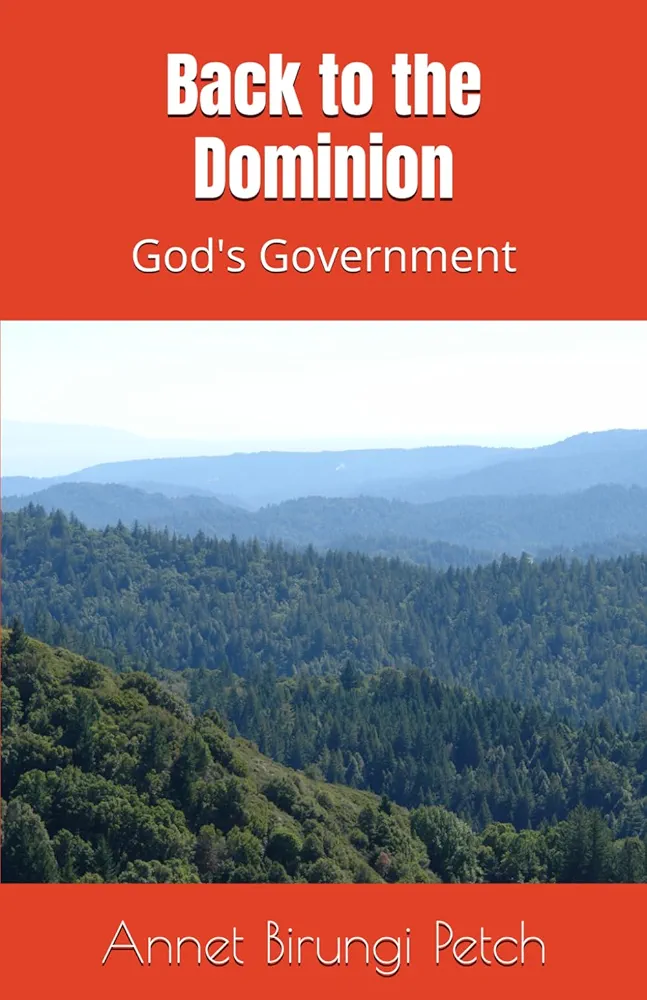 Red paperback cover of Back to the Dominion with a desert landscape and the signature book image.