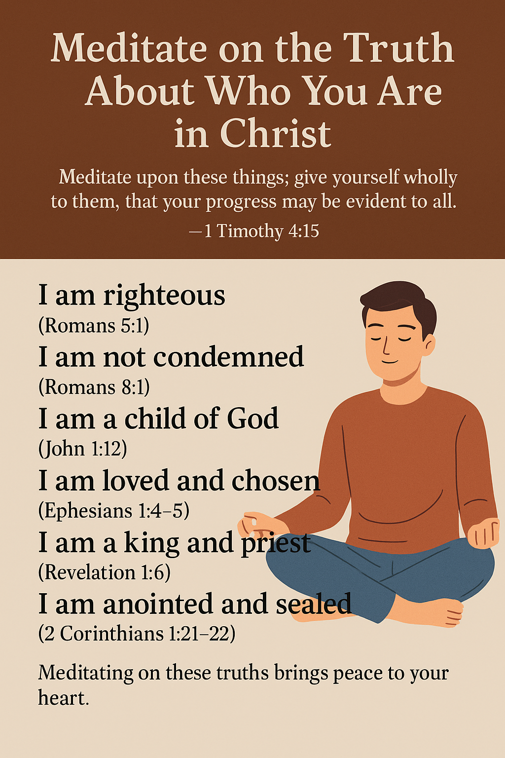 A man sitting in prayerful meditation with gentle light around him, representing the theme “Meditate on the Truth About Who You Are in Christ.”