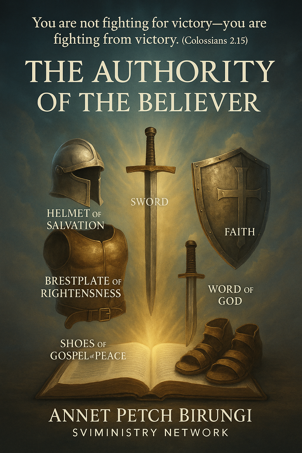 A display of the full armor of God with spiritual weapons, a Bible, and light shining from the sky, representing the theme “The Authority of the Believers.”