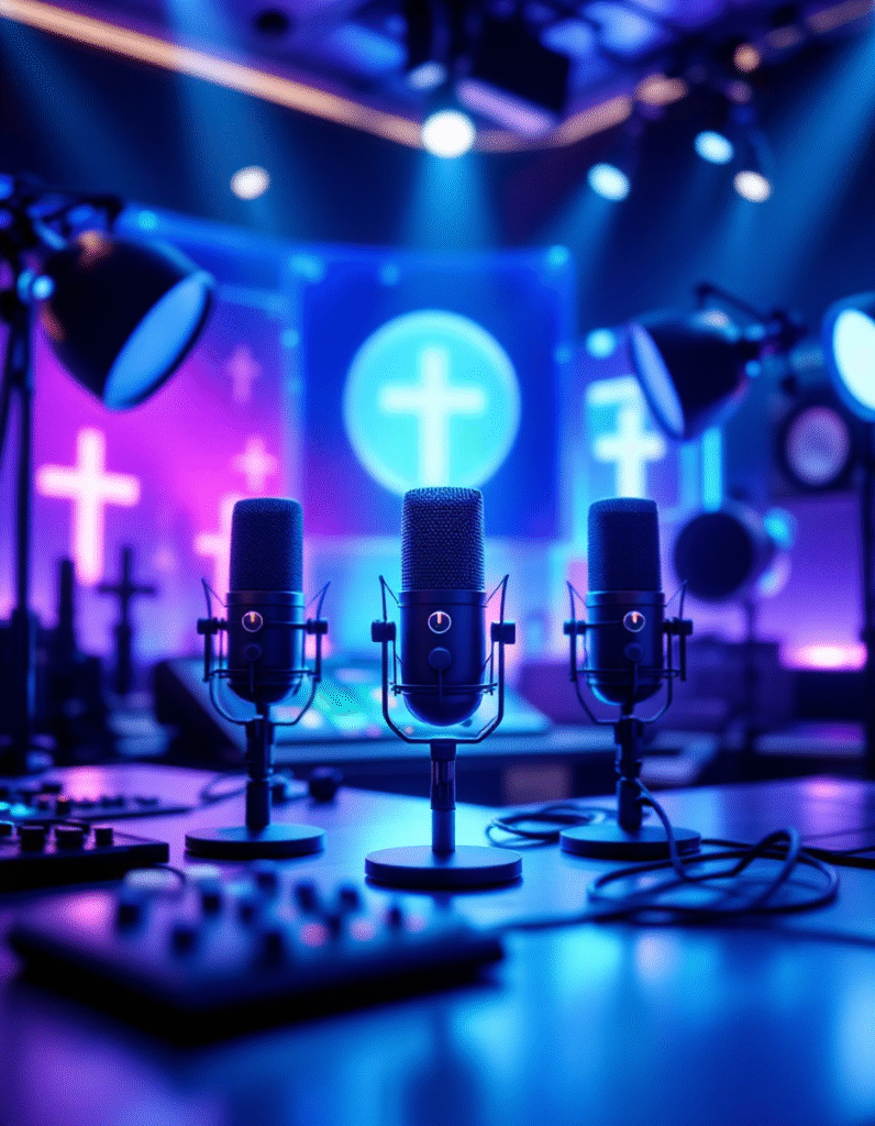 Teaching of Faith Radio – Inspiring Christian Teachings hree microphones on a blue and purple light background, representing Teaching of Faith Radio by Annet Birungi Petch Books.