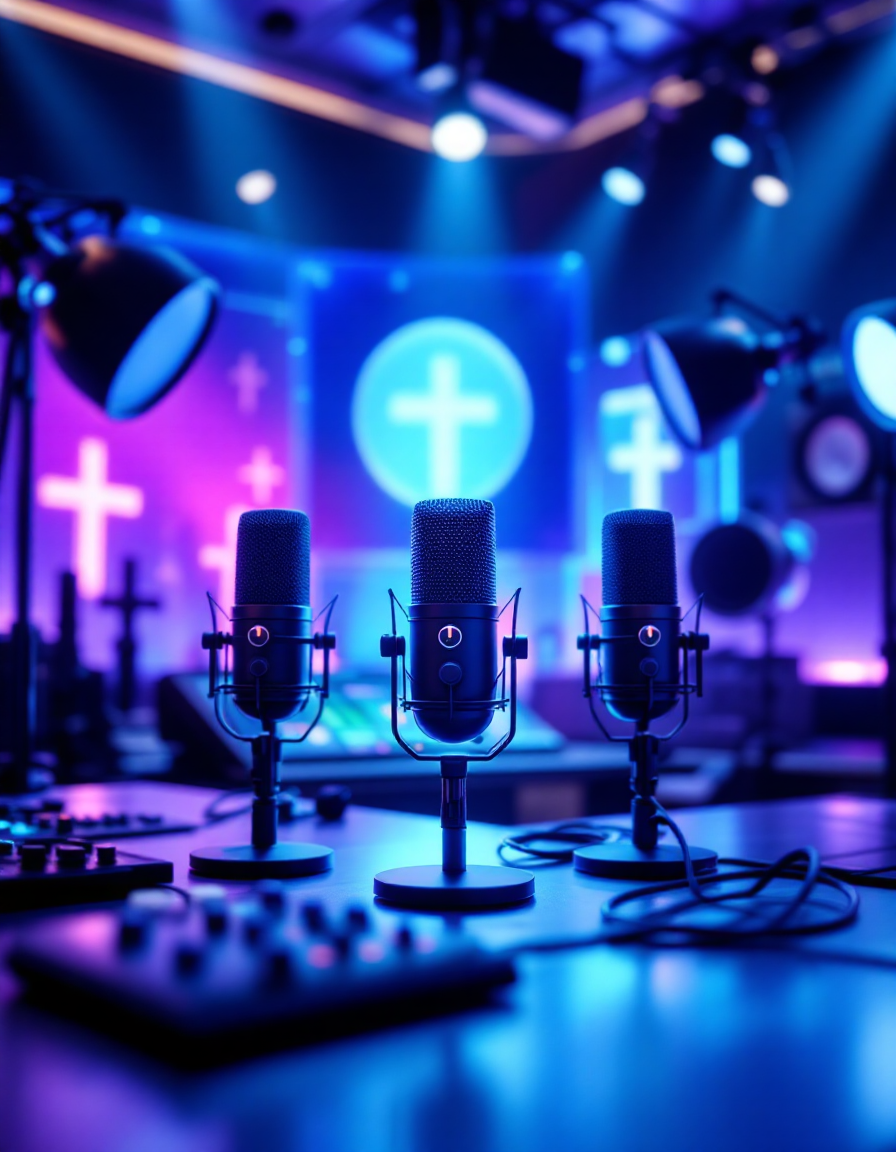 Teaching of Faith Radio – Inspiring Christian Teachings hree microphones on a blue and purple light background, representing Teaching of Faith Radio by Annet Birungi Petch Books.