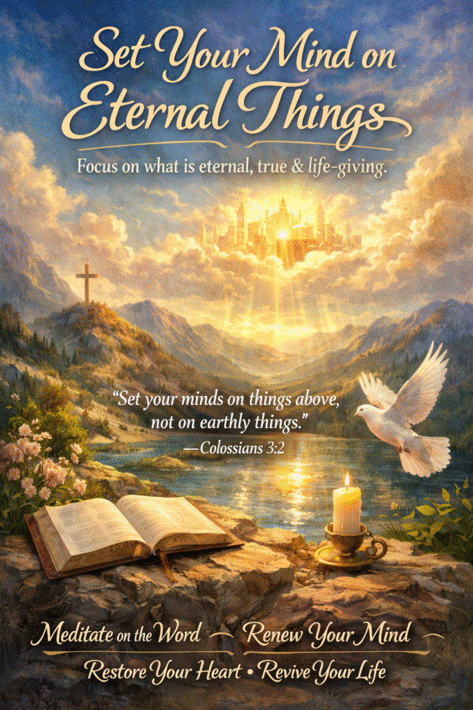 Bible, cross, and dove with heavenly light over mountains, water, flowers, and clouds, symbolizing focusing on eternal and life-giving truths