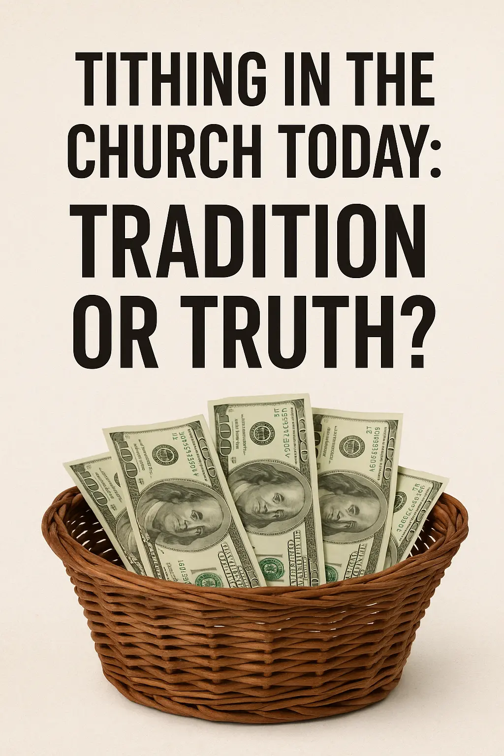 "Book cover of 'Church Today: Tradition of Truth?' featuring a cream-colored background, a basket full of dollars, and the title in brown letters, highlighting the theme of financial and spiritual reflection in modern churches."