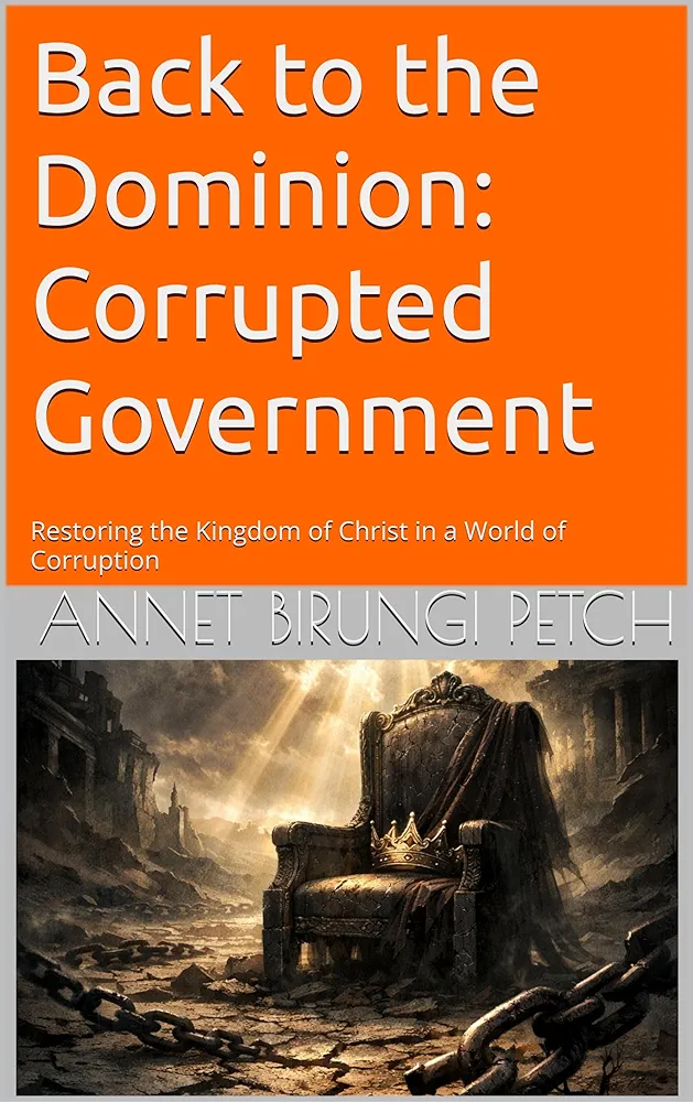 Orange book cover featuring an empty king’s throne with a crown on it, broken chains below, and divine light shining from heaven into darkness.