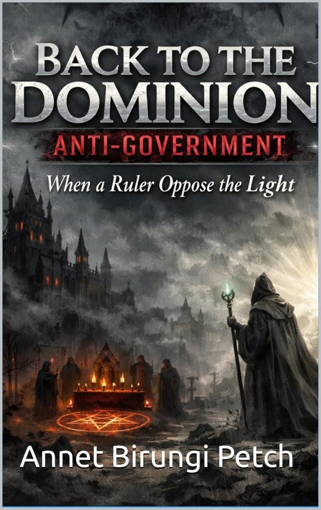 Book cover of "Back to the Dominion: Anti-Government" by Annet Birungi Petch, showing a gold title on a dark background. A hooded man in a black gown walks toward a throne surrounded by people and fire, with light shining from the sky. Dark hills, houses, and figures are visible in the background.