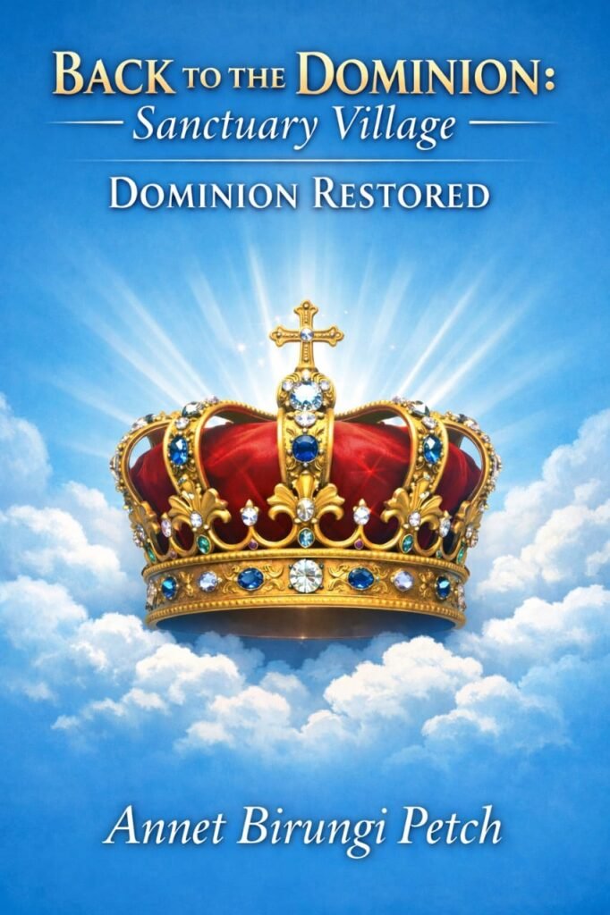 Back to the Dominion: Sanctuary Government – Dominion Restored book cover in sky blue with clouds, radiant light behind a golden crown in the center, author Annet Birungi Petch