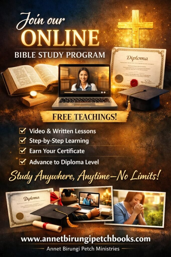 Student studying Bible online on computer, step-by-step lessons, earning certificates and diploma, graduation cat, Bible, cross, study anywhere anytime, Sanctuary Village International Ministry