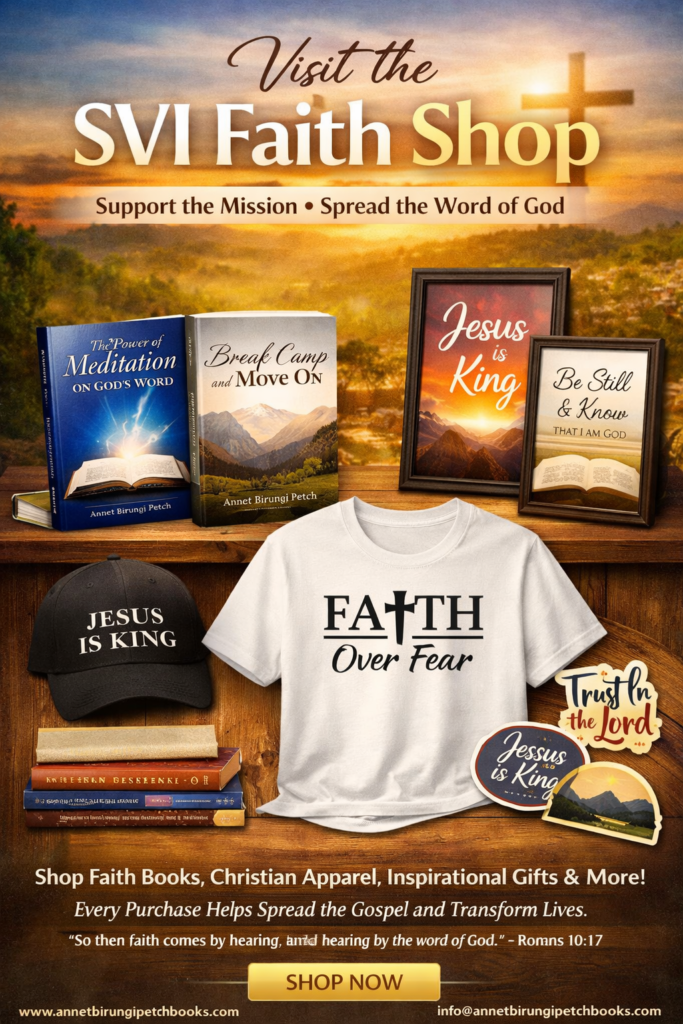SVI Faith Shop display featuring Christian books, faith-based t-shirts, scripture posters and inspirational products supporting the Gospel mission