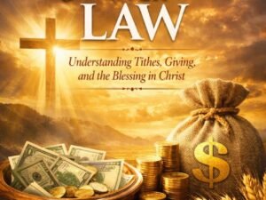 Book cover of Grace Over Law by Annet Birungi Petch featuring a basket with money, a cross, and light shining behind the cross symbolizing grace and God’s blessing