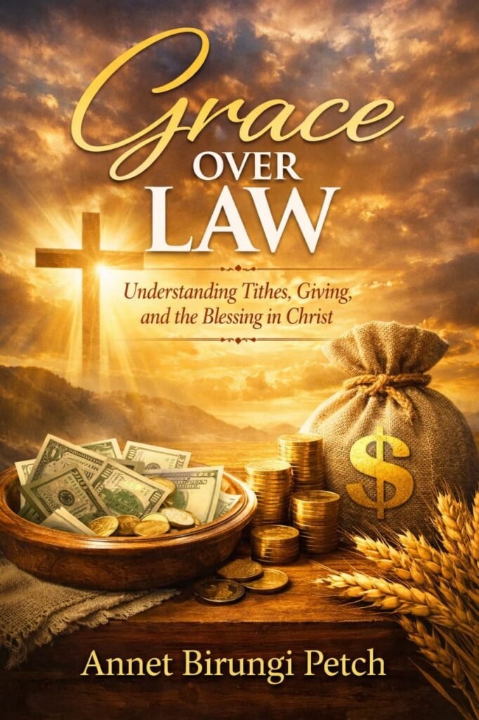 Book cover of Grace Over Law by Annet Birungi Petch featuring a basket with money, a cross, and light shining behind the cross symbolizing grace and God’s blessing