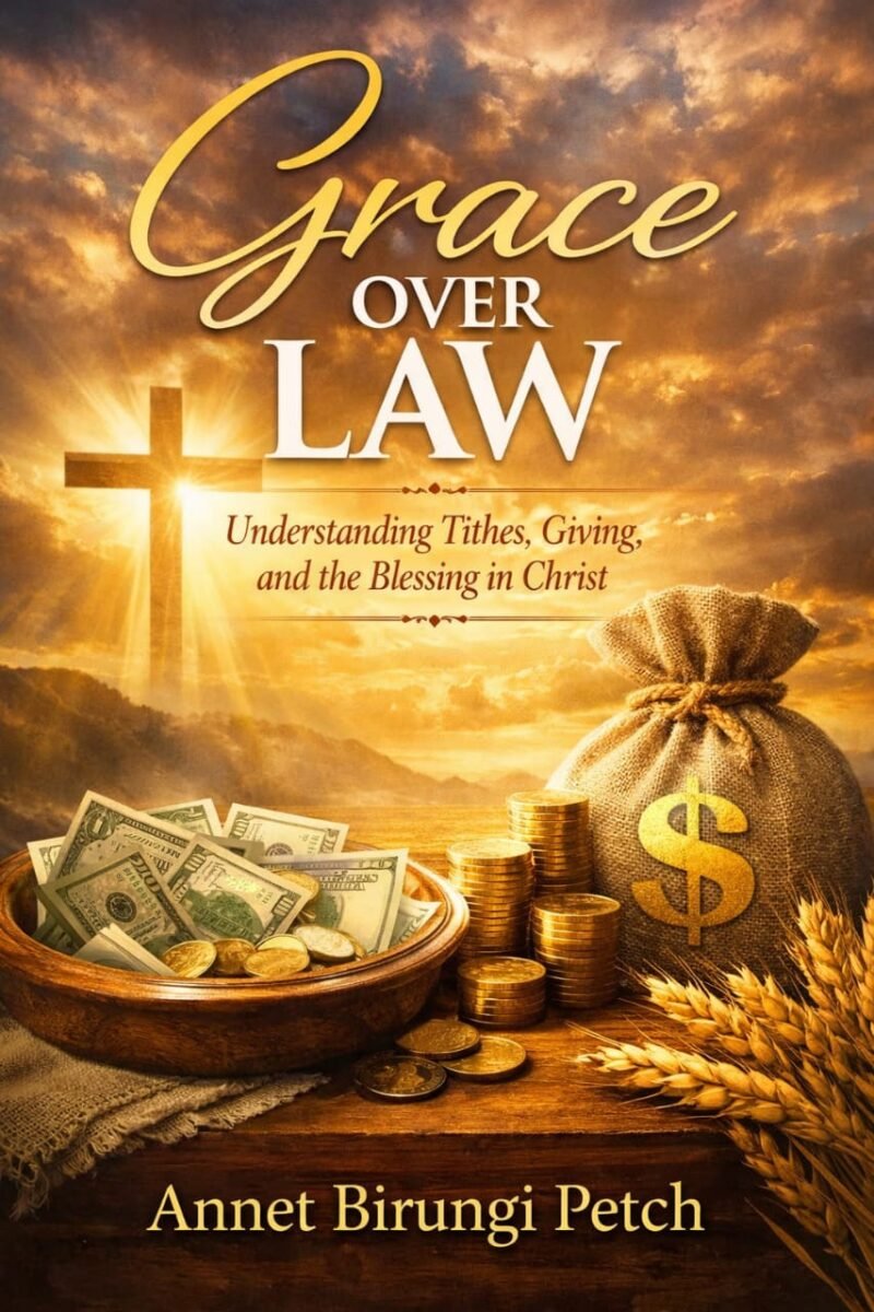 Book cover of Grace Over Law by Annet Birungi Petch featuring a basket with money, a cross, and light shining behind the cross symbolizing grace and God’s blessing