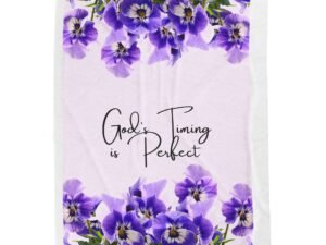 Velveteen Plush Blanket - "God's Timing is Perfect" Floral Throw, Purple Pansy Christian Gift for Mothers & New Moms