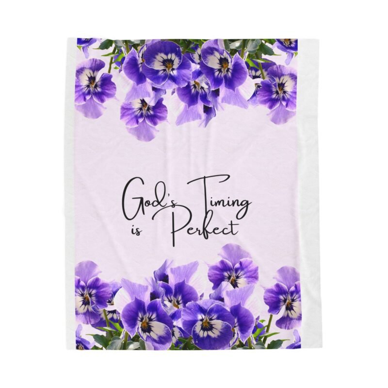 Velveteen Plush Blanket - "God's Timing is Perfect" Floral Throw, Purple Pansy Christian Gift for Mothers & New Moms